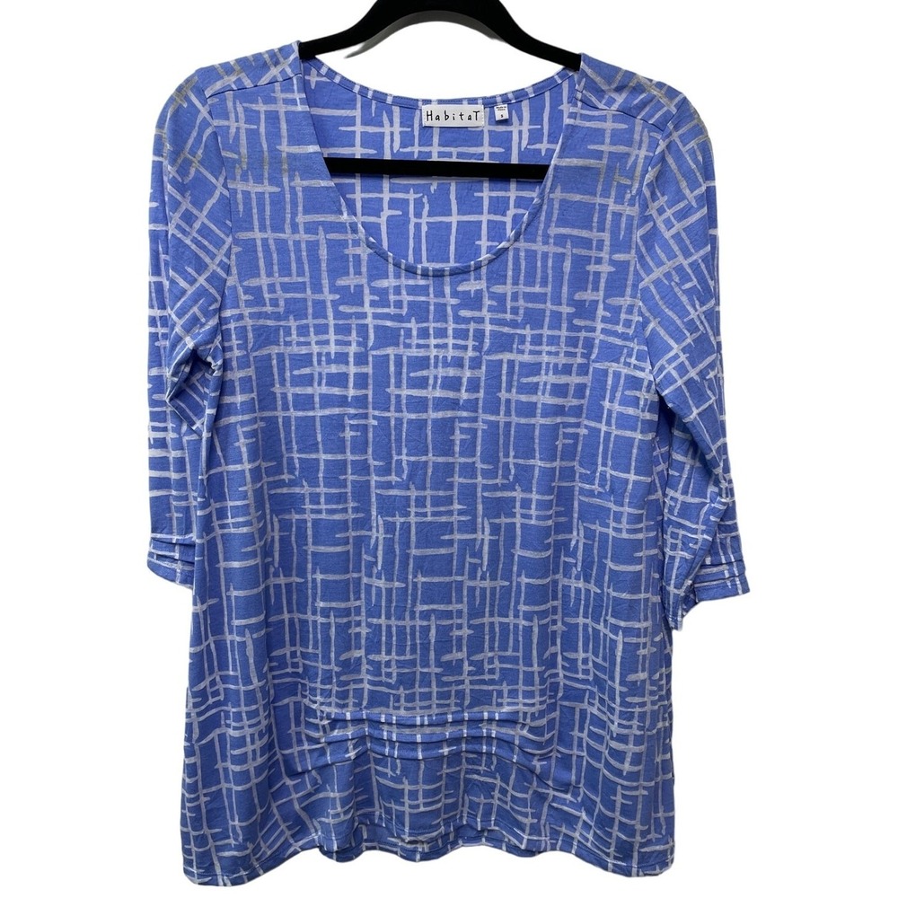 Habitat Geometric Print Sheer‎ Blouse 3/4 Sleeve Scoop Neck Blue Womens Size S